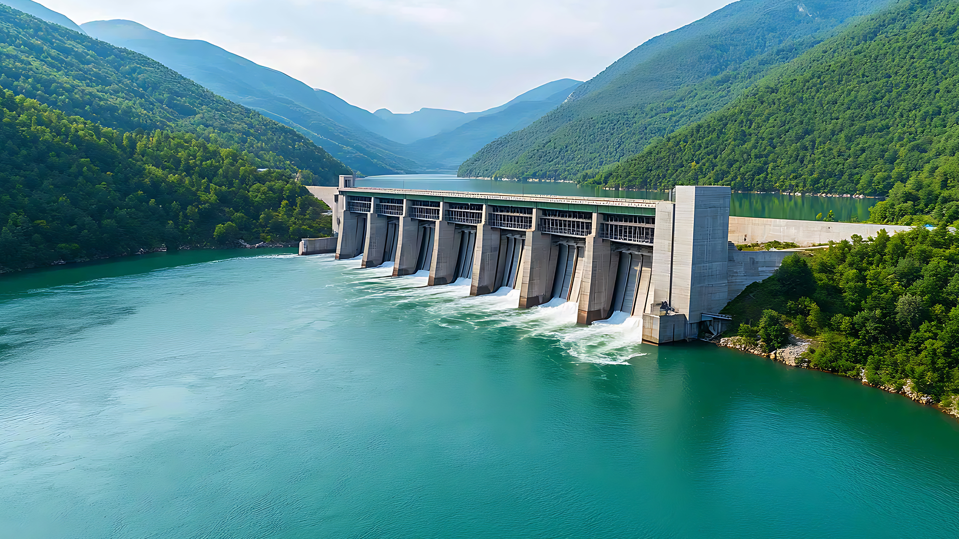 Hydroelectric dam generating renewable energy amidst forested mountains and river